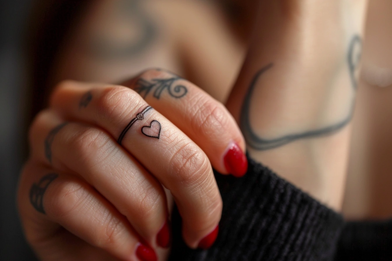 Tatuaje Caracteristicas Fine Line pequeño corazón en dedo y anillo